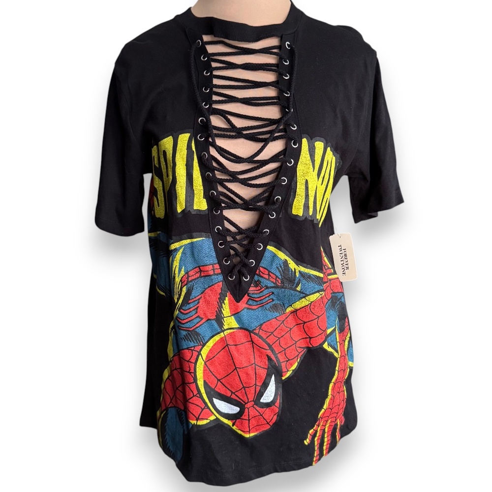 F21 MARVEL Spider-Man Lace Up Graphic Tee Black Small NWT